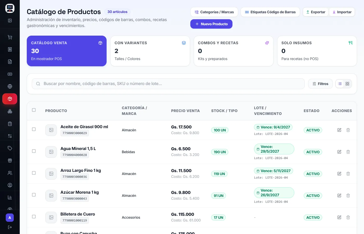 Catálogo de productos de DICO Web: cada artículo con su código de barras, su costo, su precio de venta, las unidades en existencia y el vencimiento del lote.