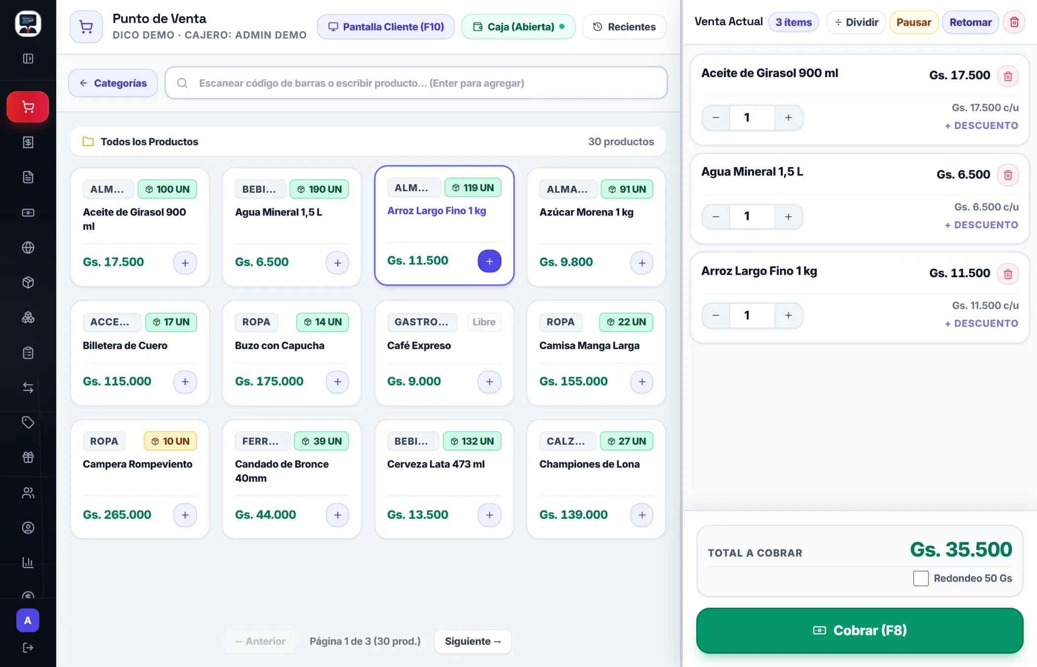 Pantalla del punto de venta de DICO Web: el buscador de productos, el ticket de la venta en curso y el total a cobrar en guaraníes.